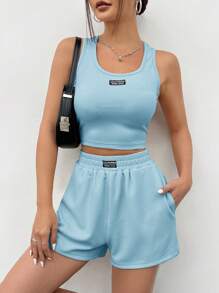 SHEIN EZwear Bộ vest nữ không tay dệt kim màu xanh - Màu xanh lam - Xem 1