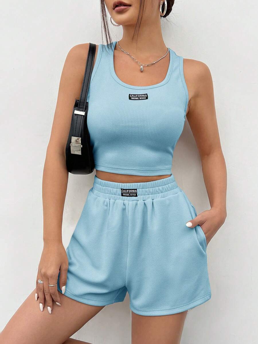 SHEIN EZwear Bộ vest nữ không tay dệt kim màu xanh - Màu xanh lam - Xem 1