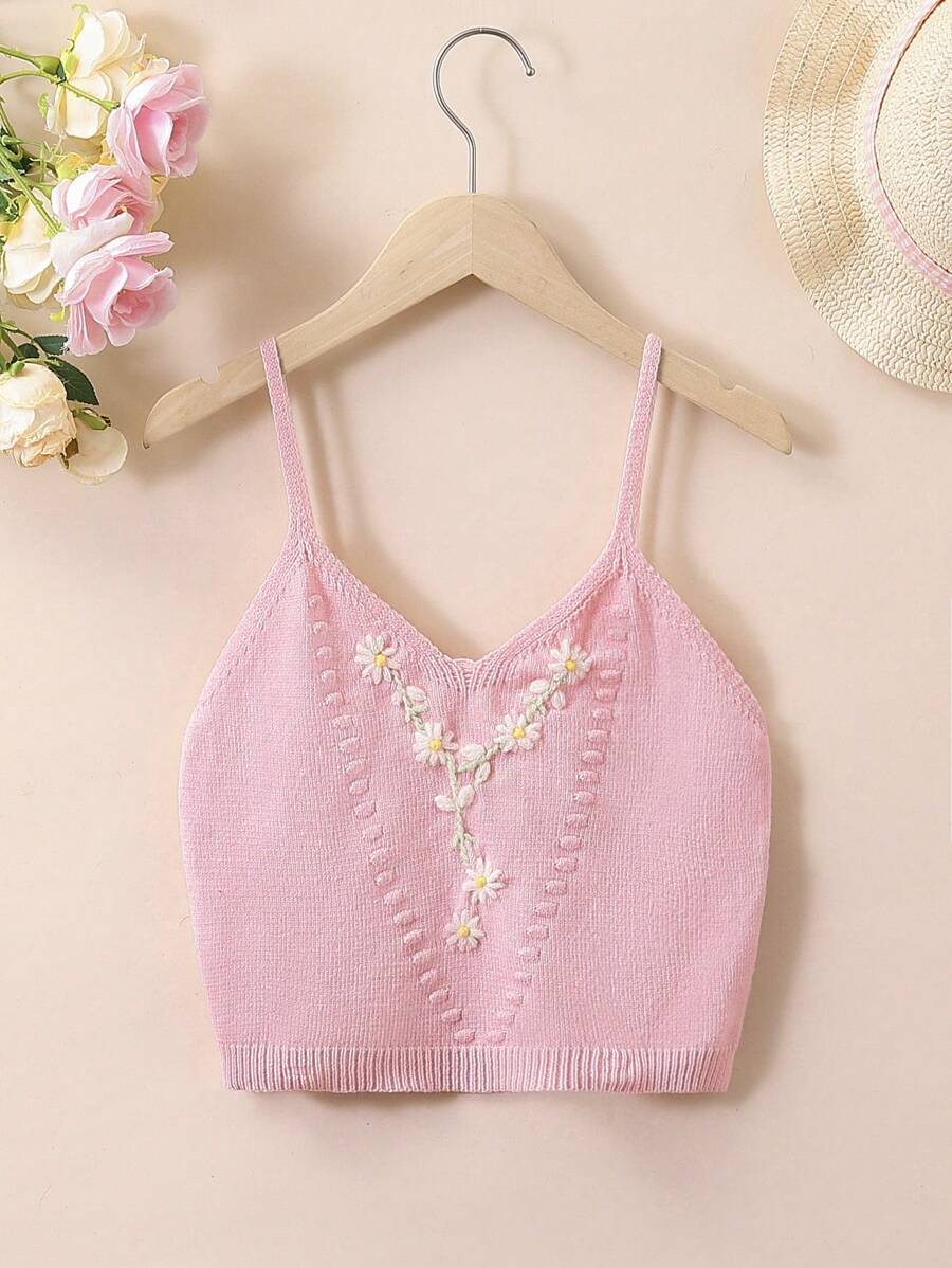 SHEIN 少女可愛刺繡背心上衣,適用於春季/夏季 - 粉色 - 查看 1