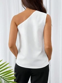 SHEIN Privé Blusa asimétrica de hombros con borde de hoja blanca, elegante para vacaciones y trayectos - Blanco - Ver 2