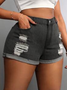 SHEIN SXY Plus Size Elastic-Free Stylish Distressed Folded Hem Denim Shorts