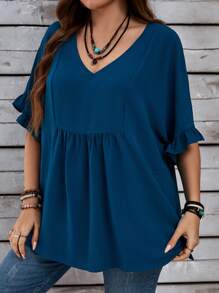 EMERY ROSE Plus Size Women's  Vacation Casual Dark Blue Mom Shirts With Ruffled Sleeves For Summer