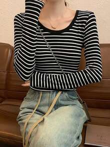 Colorblock Striped Casual Women T-Shirt - Black - View 4