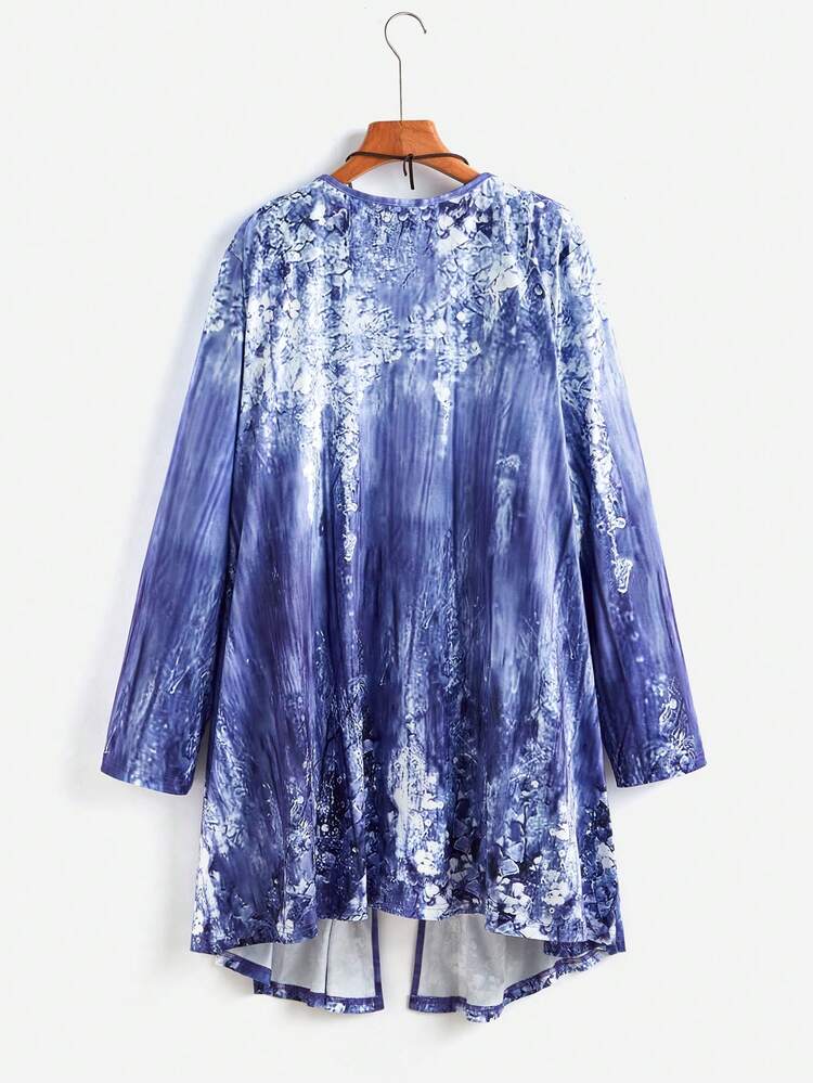 Plus Size Women Vacation Floral Printed Long Sleeve Tie Dye Open Front Jacket