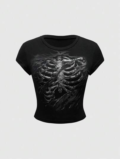 Grunge Punk Camiseta básica de mujer con diseño simple y versátil, de estilo deslucido del estilo de calavera del punk oscuro del desierto, para la escuela