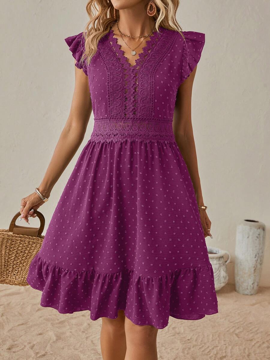 SHEIN Clasi Vestido de ocio para vacaciones con cordón de unicolor y dobladillo con volantes - Burdeos - Ver 1