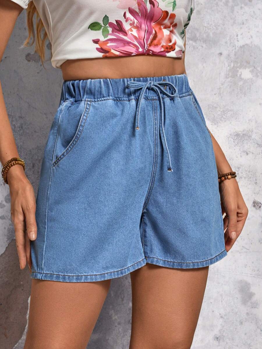 SHEIN LUNE Quần short denim cạp cao cạp cao có túi cho nữ - Màu xanh lam - Xem 1