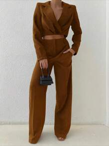 EURMUSE 前單扣西裝領短版西裝和斜口袋長褲 - 棕色 - 查看 4