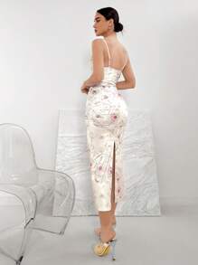 Aloruh Vestido de tirantes con estampado floral elegante de verano con cuello drapeado y ajuste entallado con fruncido
