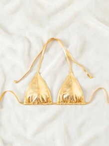 Swim SXY Summer Beach Women's Metal Texture Solid Color Sexy Halter Neck Bikini Top