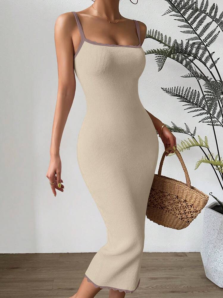 Women Colorblock Edge Knitted Sweater Dress With Shoulder Straps