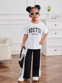 SHEIN Young Girl Knitted Solid Color Loose Letter Print Round Neck Casual T-Shirt And Knitted Color-Block Casual Loose Pants Two-Piece Set Kpop Outfit For Kidstrendy Outfit For Kidstrending Outfit For Young Girl