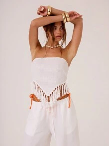 MUSERA Summer Vacation Shirred Tassel Hem Bandeau Top Summer Ibiza