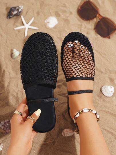 Zapatos planos sin cordones para mujer, cómodos y transpirables de malla para verano, tipo mule con punta cerrada, color negro