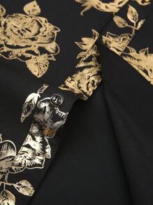 男士花卉印花长袖衬衫，秋季 - 黑色和金色 - 查看 7