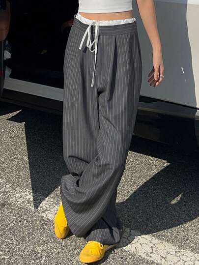 DAZY Women's Business Casual Color Block Elastic Waist Tie Stripe Relaxed Pants, Fall