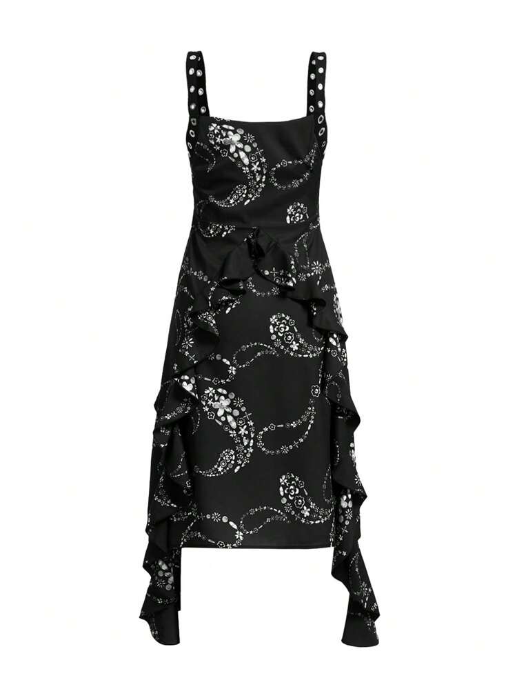 Artist Casual Sleeveless Floral Flower Dress With Ruffle Trim For Women, Summer Dress Outfit, Holiday, Party, Vacation, Birthday Outfits, Festival, Ibiza Fits, Western Wear, Prom Dress, Brunch Outfits, Tea Party Dress
