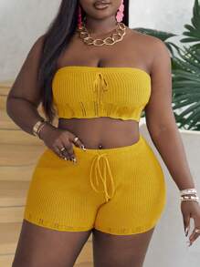 Slaydiva Plus Kích Thước Kỳ Nghỉ & Giải Trí Trơn Trơn Màu Vàng Ống Trên Và Quần Short Nữ Móc 2 Bộ Xuân Hè-E - Màu vàng - Xem 7