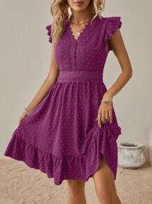 SHEIN Clasi Vestido de ocio para vacaciones con cordón de unicolor y dobladillo con volantes - Burdeos - Ver 4