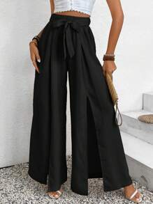 SHEIN Frenchy Vacation And Leisure Solid Color Split Tied Loose Wide Leg Pants Chic Black Summer Casual - Black - View 3