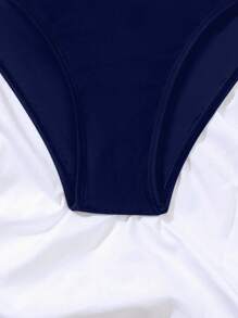 SHEIN Swim Women's One Piece Swimsuit With Decorative Gold Belt For Beach Holiday In Summer,Summer Beach - Navy Blue - View 3