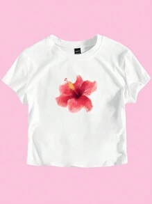Flirla Camiseta de mujer talla grande de manga corta de verano con estampado de flores de hibisco, blusas gráficas para mujer