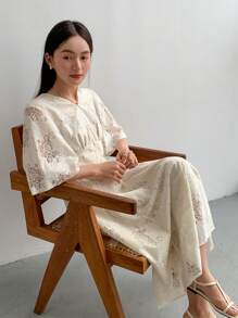 FRIFUL Đầm suông chữ A lưng cao phối ren cho nữ mùa hè - Màu be - Xem 4