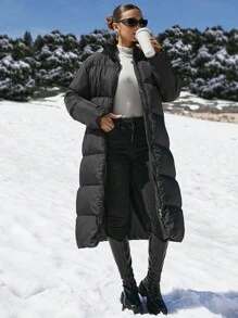 EURMUSE Áo khoác phao oversize cho nữ có khóa kéo dài, cổ áo lớn và túi chéo - màu đen - Xem 1