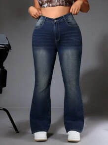 SHEIN ICON Jean évasé brodé croisé lavé grande taille