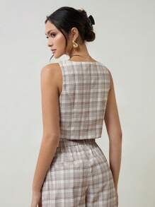 COSMINA Summer Casual Cream-Colored Plaid Vest With Large Metal Buckle For Women's Sleeveless Blazer - Multicolor - View 2