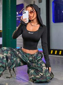 Streetz SHEIN Sport Frühlingshafter Lässig Kurzarm Kapuzenshirt mit Buchstaben Muster, eng anliegend, bauchfrei, Sport T-Shirt für das Fitnessstudio - Schwarz - Übersicht 6