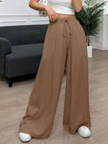 SHEIN EZwear 女士休閒純色寬腿褲，帶束腰繩 - 卡其色 - 查看 6