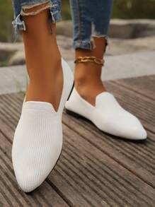 Women's Flat Shoes: Knitted Breathable Mesh Flat Shoes, Elegant Striped Embroidered Round Toe Dress Shoes, Slip-On Casual Shoes In Black, White, Beige, Military Green