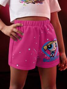 THE POWERPUFF GIRLS X SHEIN เด็กสาวการ์ตูนและตัวอักษรเกรฟิคเอลาสติกกางเกงขาสั้นเอวสำหรับฤดูร้อน - สีชมพูบานเย็น - ดู 4