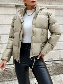 EURMUSE Drawstring Hem Hooded Puffer Coat - Beige - View 1