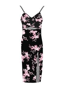 Breezaya Vestido de punto ajustado con tirantes finos, espalda cruzada, abertura lateral alta y bajo asimétrico estampado, para primavera/verano, atuendo maxi para mujeres