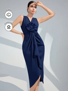 Modelyn Women's Summer Elegant Sleeveless V-Neck Dress With 3d Flower Decoration And Pleated Design, Semi Formal Dress