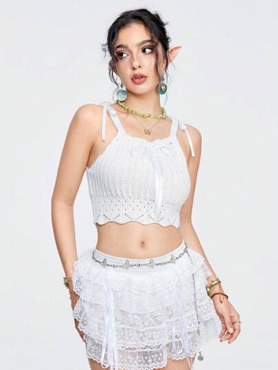 Kawaii Women Summer Solid Color Sleeveless Crochet Knit Top With Bow Decoration