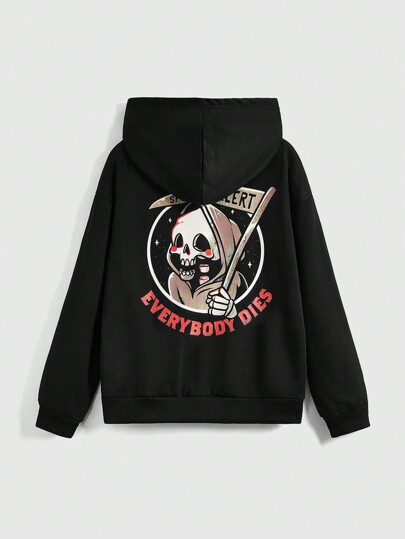 Eduely Süßer Kapuzenpullover mit Reißverschluss und Langarm mit Skull & Reaper Scythe Aufdruck und Buchstaben-Detail