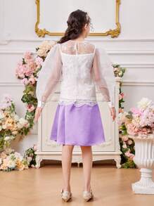 Tween Girl Two-Piece Set Of Round-Necked Lantern-Sleeved Mesh Embroidery Shirt And Detachable Waistband Skirt - Purple - View 2