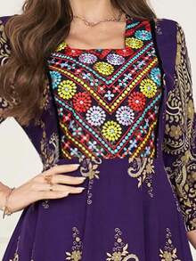 Plus Size Nữ Cổ Vuông Thêu Cinching Đầm In Hoa - Màu tím - Xem 3