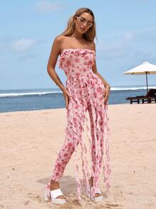 SHEIN ICON Women Strapless Mesh Floral Print See-Through Y2K  Beach Women Outfits Flowy Peplum Floral Jumpsuit - Pink - View 5