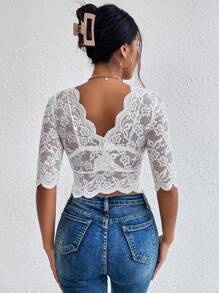 SHEIN BAE Scallop Trim Crop Lace Top Without Bra