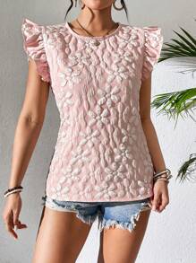 Breezaya Floral Texture Short Flounce Sleeve Casual Top   Women Shirts