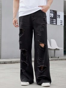 Manfinity EMRG Men Loose Straight-Leg Jeans With Holes And Pockets For Daily Casual Wear