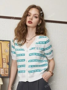 Fairy Pocket Striped V-Neck Short-Sleeved Knitted Cardigan For Women, 2023 Summer New Arrival, Petite And Slim-Fit