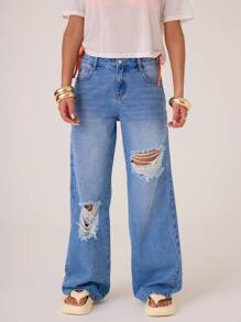 MUSERA Quần Jeans Ống Rộng Rộng Vừa Vặn Cho Nữ Có Túi Xé Và Chi Tiết Cộc Tay - Màu xanh lam - Xem 1