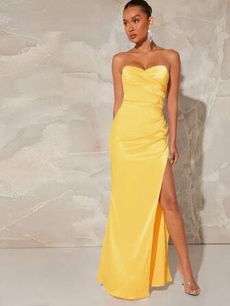 L'Amorae 裹身褶皱开叉缎面连衣裙