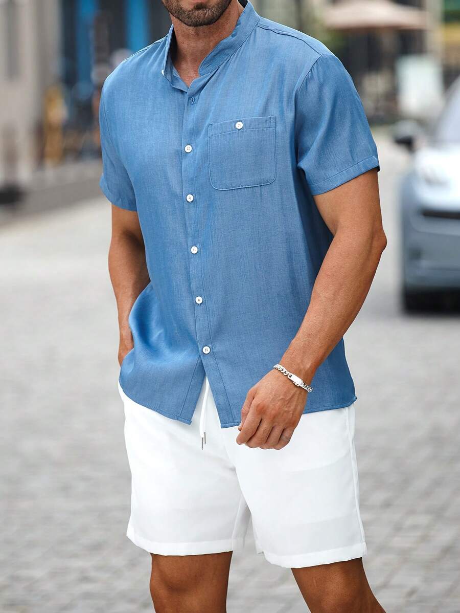 Manfinity Homme Bộ quần short và áo sơ mi tay ngắn màu trơn thường ngày cho nam khi đi chơi mùa hè - Nhiều màu - Xem 1