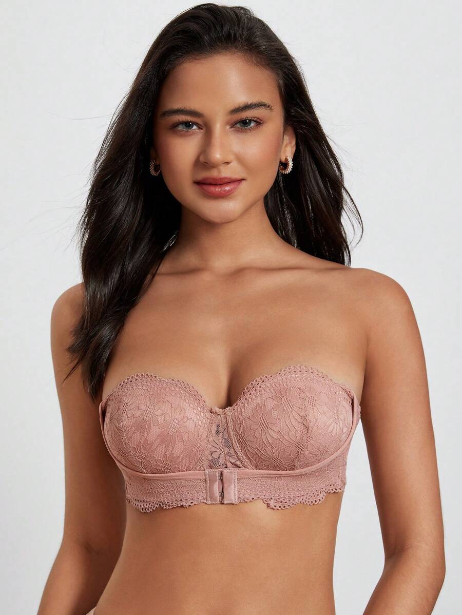 花卉蕾絲鋼圈胸罩 - 杏色 - 查看 1